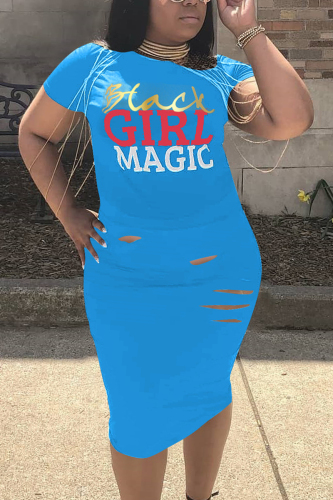 Blue Fashion Print Short Sleeve Dress