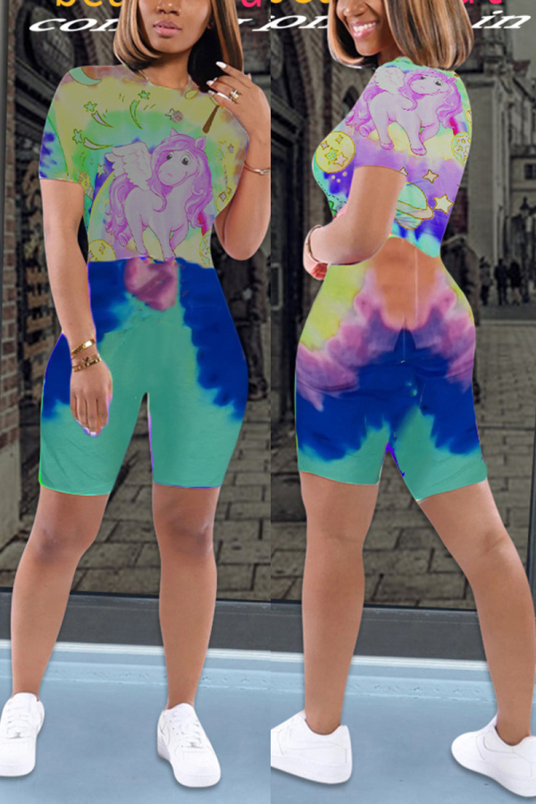 ColorfulPink Casual Cartoon Printed T-shirt Two Piece Set