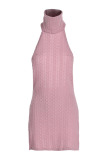 Pink Fashion Sexy Solid Hollowed Out Backless Slit Halter Sleeveless Dress