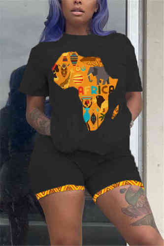 Black Fashion Casual Printed T-shirt Shorts Set