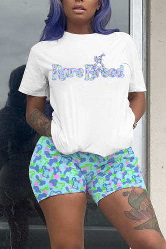 Blue Fashion Casual Printed Short Sleeve Shorts Set