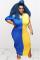 blue and yellow OL Fashion adult O Neck Solid Split Patchwork contrast color Plus Size Dresses