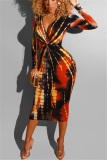 Red Tie-Dye Printed V Neck Tight Fitting Hip Sexy Dress