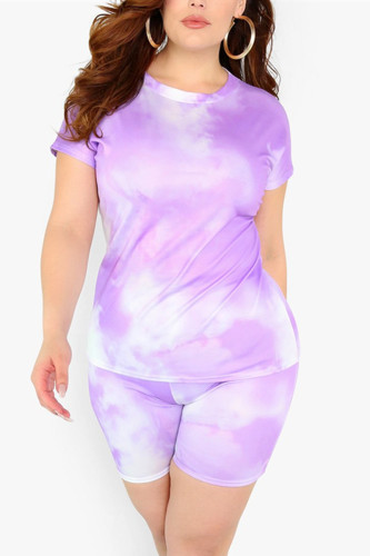 Purple Fashion Casual Printed Short Sleeve Shorts Set
