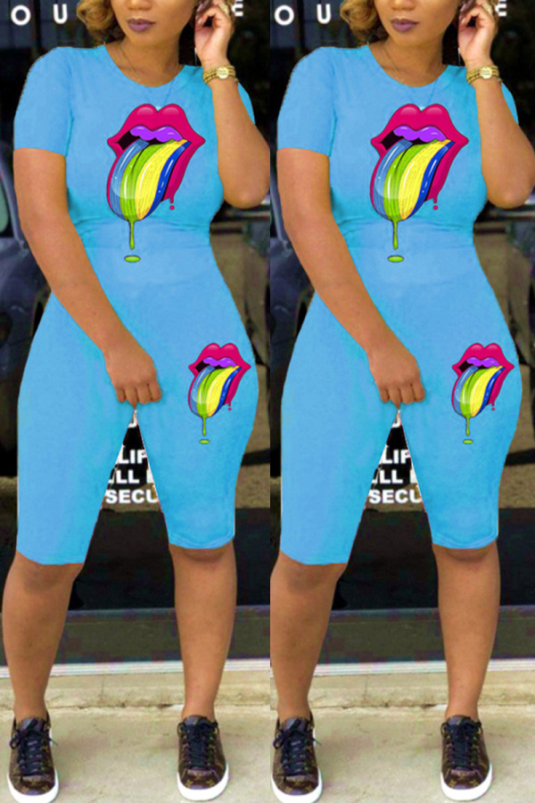 Blue Colourful Lips Casual Two-piece Set