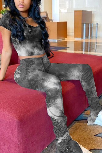 Black Fashion Casual Tie-dye Printed Two-piece Set