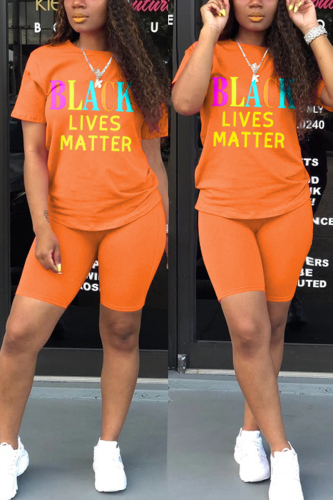Orange Fashion Casual Printed T-shirt Shorts Set