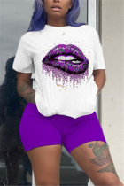 Purple Fashion Casual Printed T-shirt Shorts Set