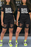 Black Fashion Casual Printed T-shirt Shorts Set