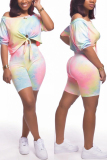 Pink Fashion adult Casual Tie Dye Bandage Print Two Piece Suits Patchwork pencil Half Sleeve
