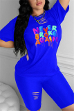 Blue Fashion Casual Letter Printed T-shirt Shorts Set