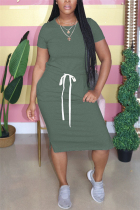 Green Fashion Casual Short Sleeve Long Dress