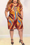 Orange Fashion Casual Printed Short Sleeve Plus Size Dress