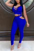 Blue Sexy Sleeveless Top Cutout Trousers Set