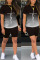 Black Casual Gradual Change Print Patchwork O Neck Short Sleeve Two Pieces