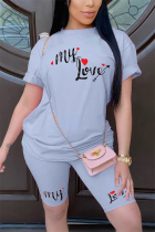 Light Blue Fashion Casual Letter Printed Two-piece Set