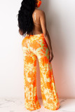 Yellow Fashion Casual Printed High Waist Trousers（With Mask）