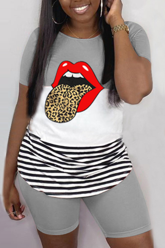 Grey Fashion Casual Printed Short Sleeve Two-piece Set