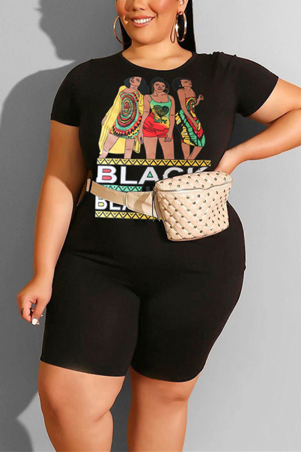 Black Fashion Casual Printed T-shirt Large Size Set