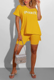 Yellow Fashion Casual Printed Short Sleeve Shorts Sports Set