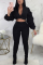 Black Fashion Casual Puff Sleeve Solid Two Pieces