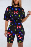 Blue Fashion Casual Butterfly Print Sports Set