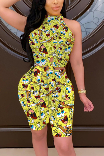 Yellow Fashion Cartoon Print Sleeveless Top Shorts Set