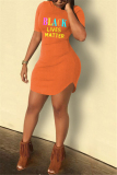 Orange Fashion Letter Printed Short Sleeve Dress