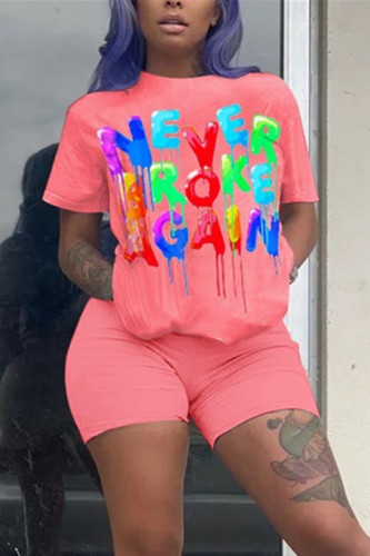 Pink Fashion Casual Printed Short Sleeve Shorts Set