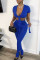 Dark Blue Sexy Fashion adult Solid Two Piece Suits Patchwork Split pencil Short Sleeve