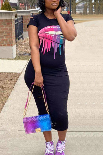 Black Fashion Casual Printed Slim Dress
