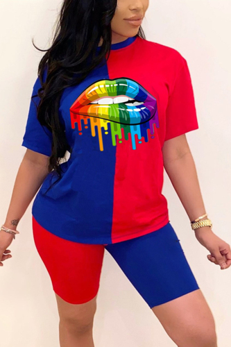 BlueRed Fashion Lips Print Patchwork T-shirt Set