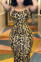 Leopard print Sexy Print Yellow Sling Backless Dress