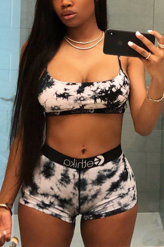 Grey Sexy Fashion Print Sling Tops Shorts Set