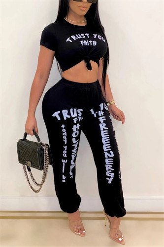 Black Fashion Casual Printed T-shirt Trousers Set