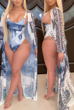 Blue Sexy Fashion Print Long Sleeve Cover Up Swimsuit Set