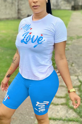Blue Fashion Casual Printed Short Sleeve Shorts Set