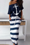 White Fashion Casual Two Piece Suits Patchwork Striped Print Straight Short Sleeve Two-Piece Dr