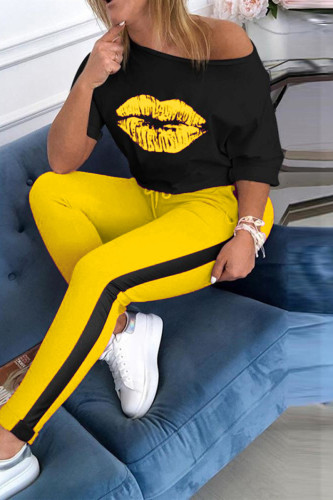 Yellow Fashion Casual Printed Trousers Sports Set