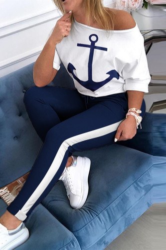 White adult Fashion Casual contrast color Print Two Piece Suits Patchwork pencil Short Sleeve T