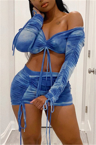 Blue Sexy Fashion Tie-dye Printed Two-piece Set