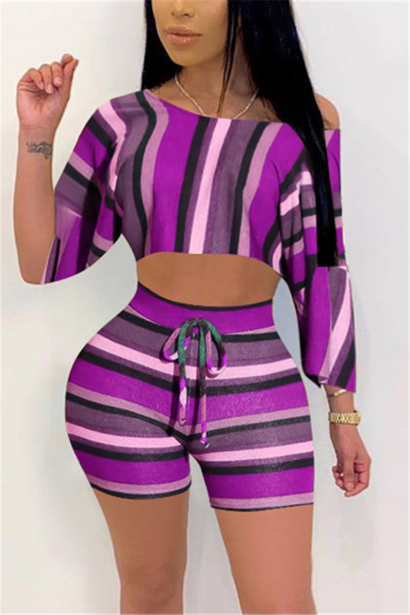 Fashion Sexy Striped Printed Purple Two Piece Set