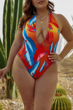 Blue Sexy Backless Print Plus Size Swimsuit