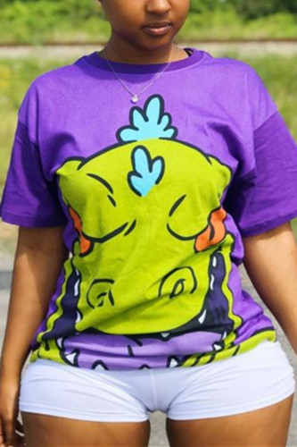Purple Fashion Casual Printed Short Sleeve Shorts Set