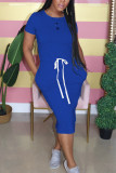Light Blue Fashion Casual Short Sleeve Long Dress