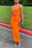 Orange Sexy Fashion Sleeveless Top Skirt Two-piece Set