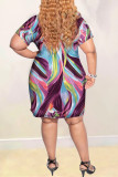Purple Fashion Casual Printed Short Sleeve Plus Size Dress