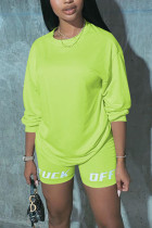 Fluorescent green Fashion Casual Letter Offset Printing Long Sleeve Two Piece Set
