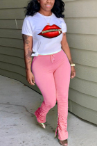 Pink Fashion Casual Printed Short Sleeve Trouser Set