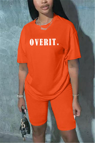 Orange Fashion adult Active Letter Print Two Piece Suits Patchwork Straight Short Sleeve Two-Pie